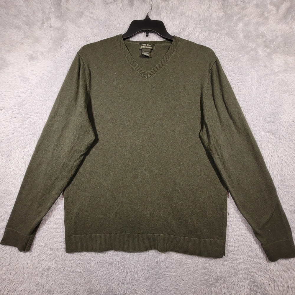 Eddie‎ Bauer V-Neck Sweater Mens Large Green Cotton Cashmere Blend Long Sleeve
